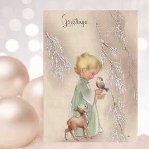 Cartes Pour Fêtes Annuelles Petite Fille De Noël vintage Rétro Avec Animaux