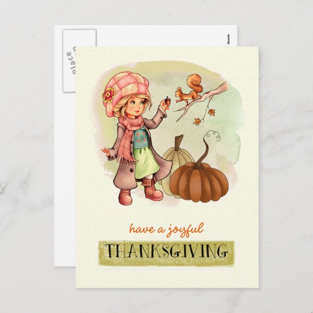 Cartes Pour Fêtes Annuelles Petite fille et écureuil Custom Thanksgiving (Devant / Derrière)