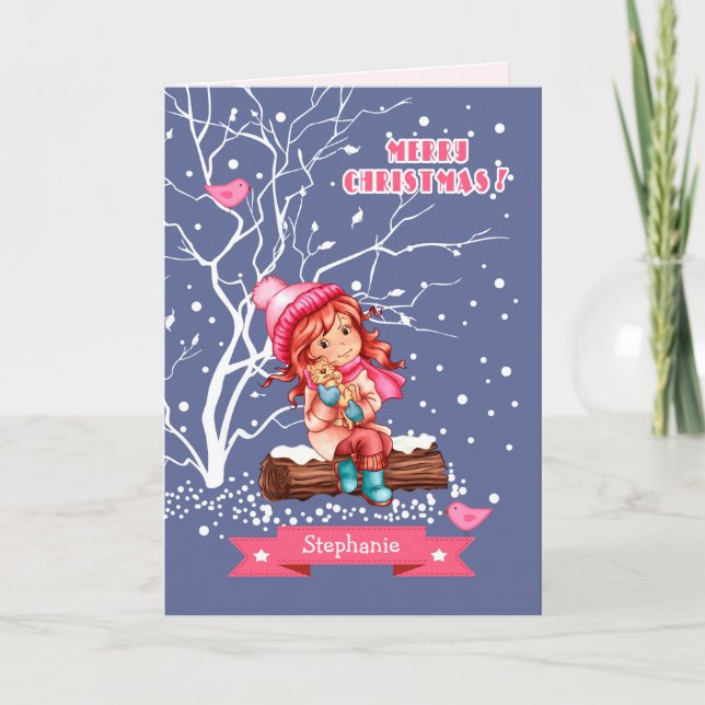 Cartes Pour Fêtes Annuelles Petite fille et Kitty | Nom personnalisé Noël (Devant)