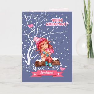 Cartes Pour Fêtes Annuelles Petite fille et Kitty   Nom personnalisé Noël