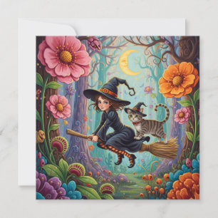 Cartes Pour Fêtes Annuelles Petite sorcière sur le balai et chat Halloween 