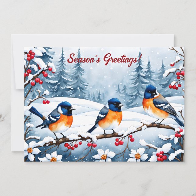 Cartes Pour Fêtes Annuelles Petits Songbirds dans un paysage enneigé Noël (Devant)