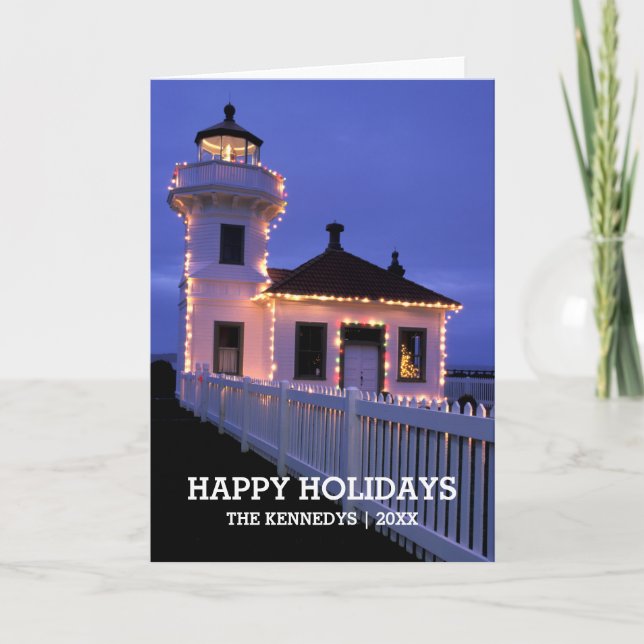 Cartes Pour Fêtes Annuelles Phare avec des lumières de Noël (Devant)