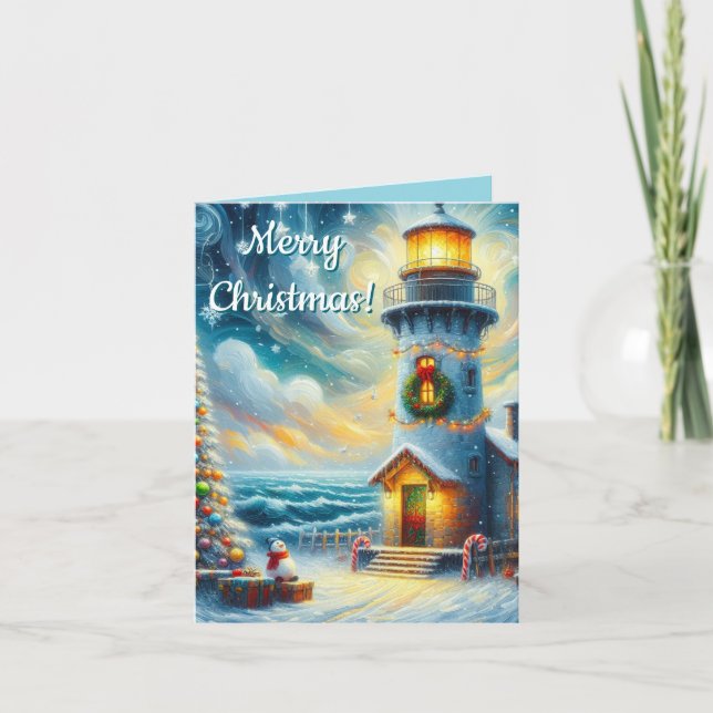 Cartes Pour Fêtes Annuelles Phare de Noël Arbre Nautique Bleu Côtier (Devant)