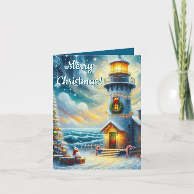 Cartes Pour Fêtes Annuelles Phare de Noël Arbre Nautique Bleu Côtier (Devant)