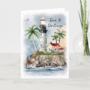 Cartes Pour Fêtes Annuelles Phare Palm Tree Sea Coastal Christmas