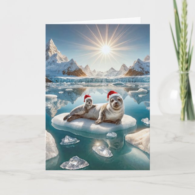Cartes Pour Fêtes Annuelles Phoque de Noël et Coupe sur glace (Devant)