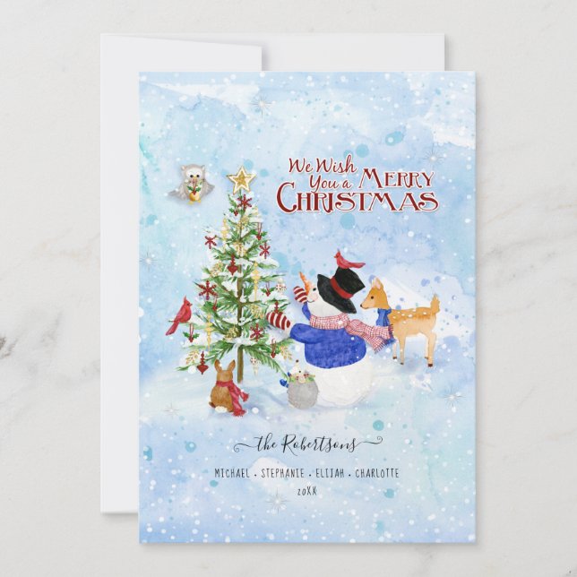 Cartes Pour Fêtes Annuelles Photo Aquarelle Snowman Noël Arbre Cerf Oiseau (Devant)