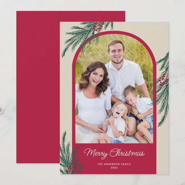 Cartes Pour Fêtes Annuelles Photo Arché hiver verdure Joyeux Noël (Devant / Derrière)