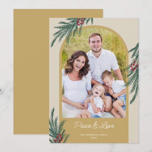 Cartes Pour Fêtes Annuelles Photo Arché Hiver Verdure Paix & Amour (Devant / Derrière)