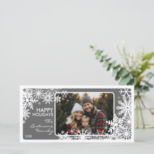Cartes Pour Fêtes Annuelles Photo avec bordure de flocon de neige - Blanc gris