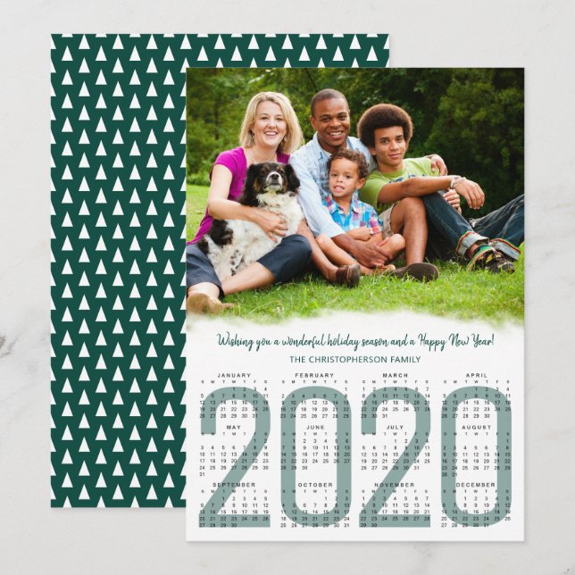 Cartes Pour Fêtes Annuelles Photo avec calendrier 2020 Evergreen Nouvel An (Devant / Derrière)