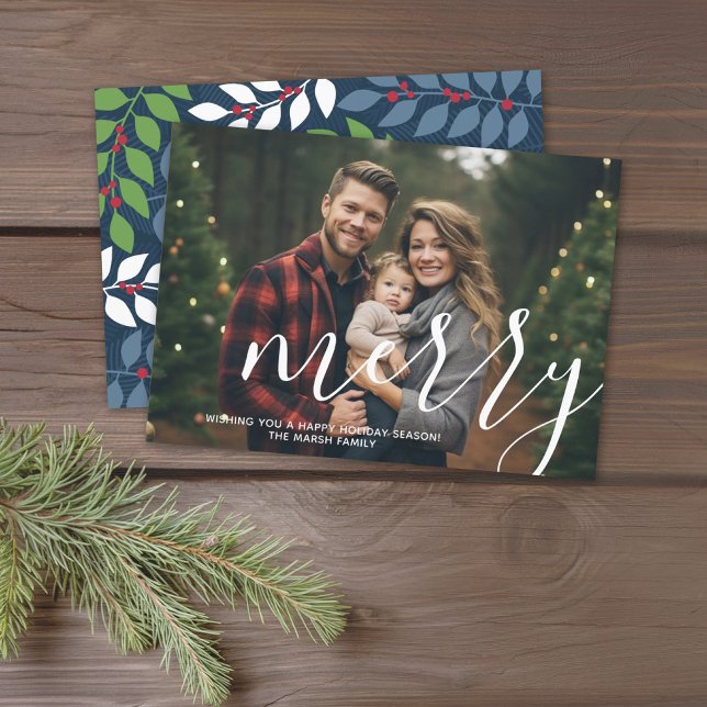 Cartes Pour Fêtes Annuelles Photo avec grand script MERRY superposition blanch (Online Christmas Card, 1 Photo, Large Bounce Calligraphy, Botanical Back)