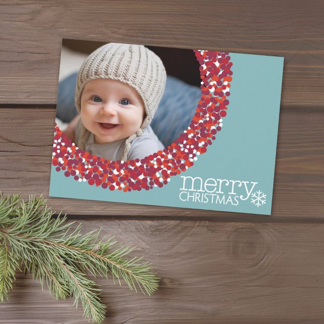 Cartes Pour Fêtes Annuelles Photo : Berry Wreath rouge turquoise - cercle (1 Photo Christmas Card with a Whimsical Berry Wreath Border)