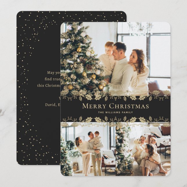 Cartes Pour Fêtes Annuelles Photo Black Gold Elegant moderne Joyeux Noël (Devant / Derrière)