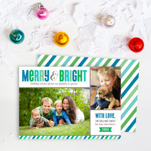 Cartes Pour Fêtes Annuelles Photo Bleu et Vert Merry et Lumineux
