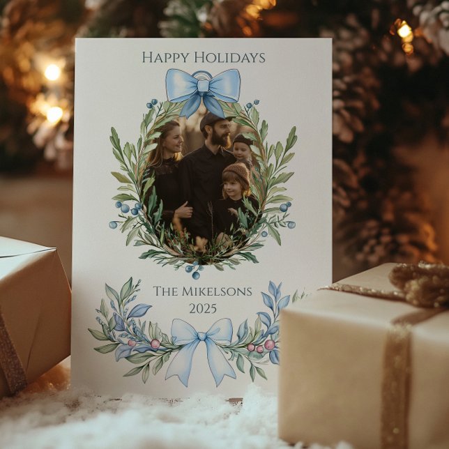 Cartes Pour Fêtes Annuelles Photo Blue Bow Botanical Christmas (Créateur téléchargé)