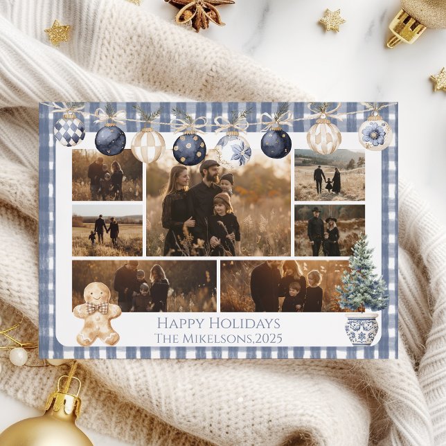 Cartes Pour Fêtes Annuelles Photo Blue Gingham Ornament Family Christmas (Créateur téléchargé)
