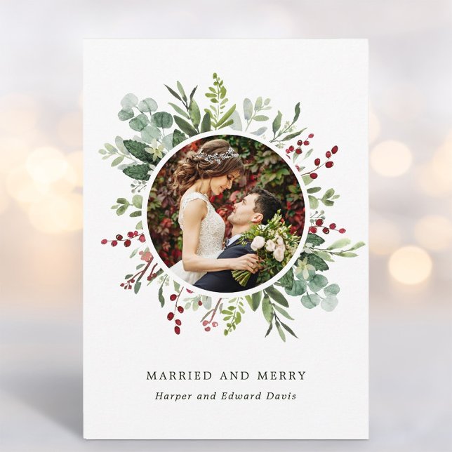 Cartes Pour Fêtes Annuelles Photo botanique de Noël vert marié et joyeux (Créateur téléchargé)
