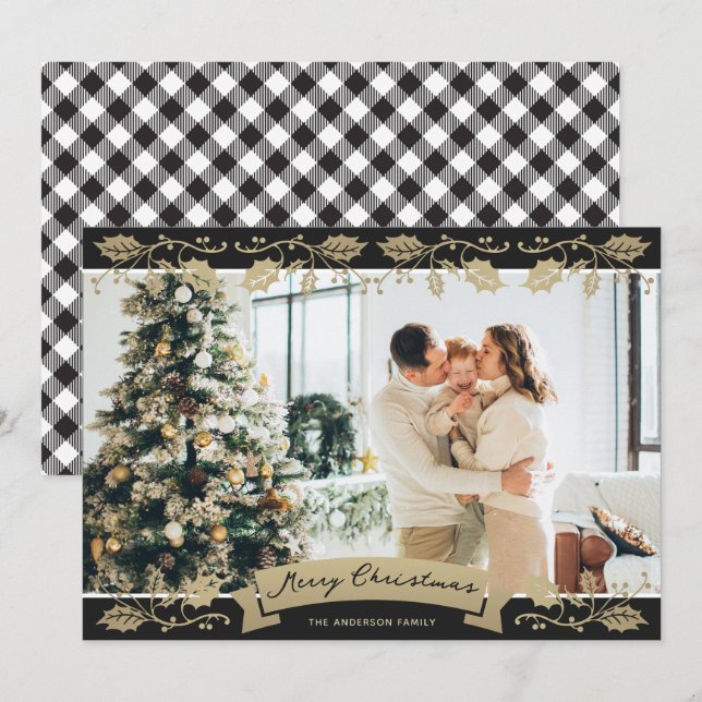 Cartes Pour Fêtes Annuelles Photo botanique en noir et blanc Noël (Devant / Derrière)