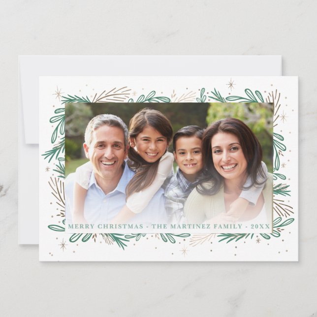 Cartes Pour Fêtes Annuelles Photo botanique moderne vert or Noël (Devant)
