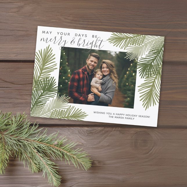 Cartes Pour Fêtes Annuelles Photo Branches Whimsical Calligraphie Noël (Online Christmas Card, 1 Photo, Large Bounce Calligraphy, Whimsical Pine Branches)