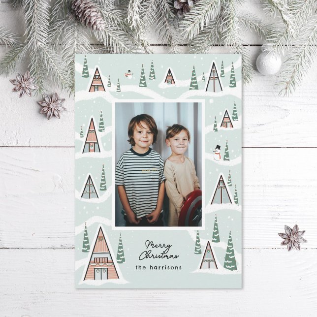 Cartes Pour Fêtes Annuelles Photo Cabine d'hiver Green blue Snowy (Créateur téléchargé)