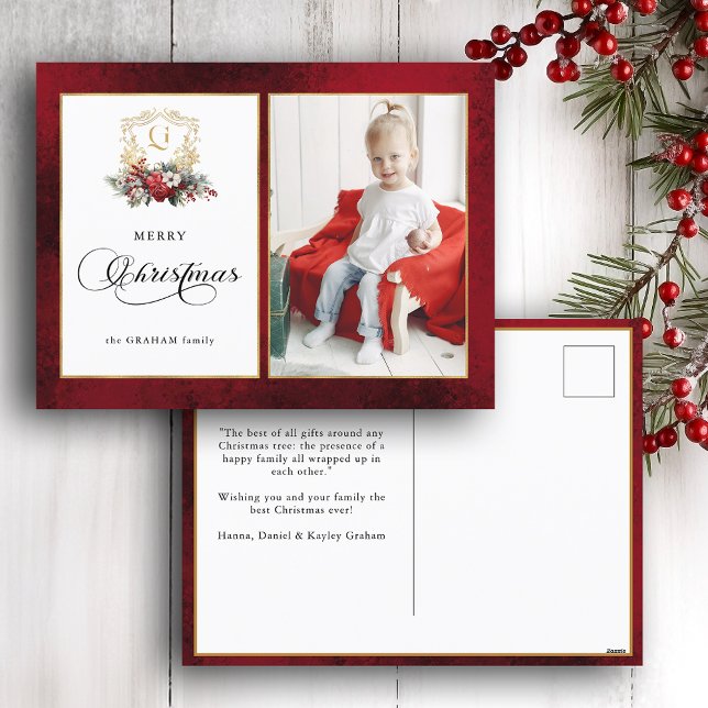 Cartes Pour Fêtes Annuelles Photo classique de Noël Floral Crest (Créateur téléchargé)