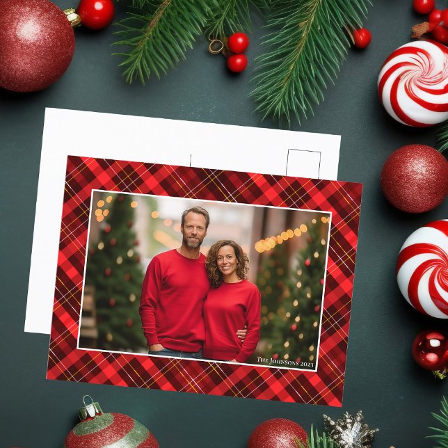 Cartes Pour Fêtes Annuelles Photo classique de Noël Tartan Rouge Plaid (Créateur téléchargé)