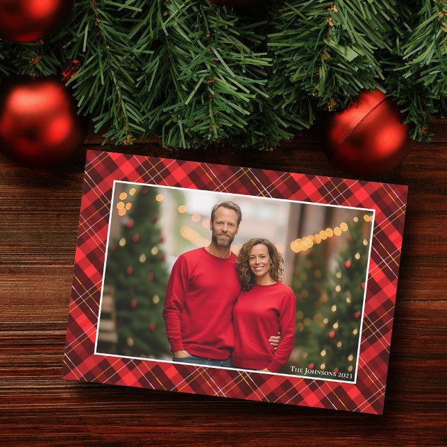 Cartes Pour Fêtes Annuelles Photo classique de Noël Tartan Rouge Plaid (Créateur téléchargé)