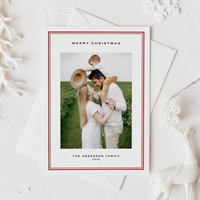 Cartes Pour Fêtes Annuelles Photo classique rouge double frontière Noël (This timeless holiday photo postcard features a double-border frame and classic typography.)