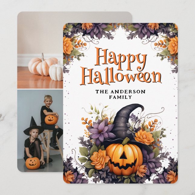 Cartes Pour Fêtes Annuelles Photo Collage Citrouille Sorcière Casquette Hallow (Devant / Derrière)
