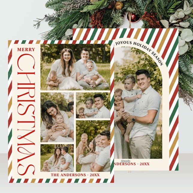 Cartes Pour Fêtes Annuelles Photo Collage Joyeux Arc de Noël Retro Stripes (Créateur téléchargé)