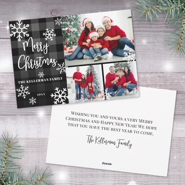 Cartes Pour Fêtes Annuelles Photo Collage Noir Plaid Joyeux Noël (Photo Collage Black Plaid Merry Christmas Holiday Card)