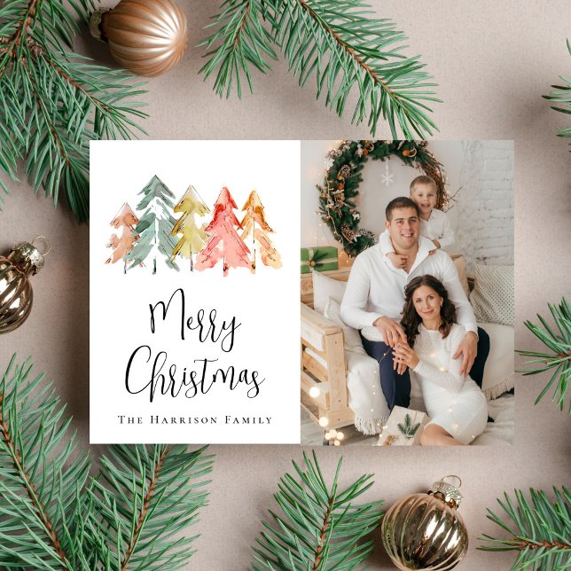 Cartes Pour Fêtes Annuelles Photo d'aquarelle de sapin de Noël (Share the love and warmth of the holiday season with this personalized photo Christmas card)