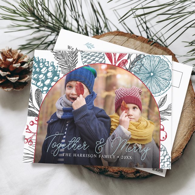 Cartes Pour Fêtes Annuelles Photo de cadre d'arc de verdure d'hiver (Holiday postcard of winter greenery arch frame with your favorite Photo )