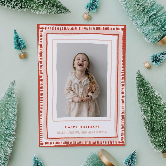 Cartes Pour Fêtes Annuelles Photo de cadre en aquarelle rouge et rose (Playfully hand-drawn frame with watercolor details makes this holiday photo card a joy to open.)