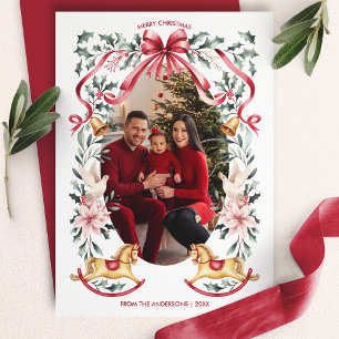 Cartes Pour Fêtes Annuelles Photo de cheval à bascule de Noël avec ruban rouge