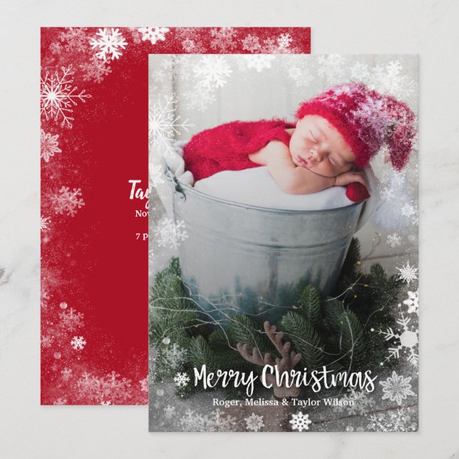 Cartes Pour Fêtes Annuelles Photo de Christmas Snowflakes Birth Announligne (Devant / Derrière)
