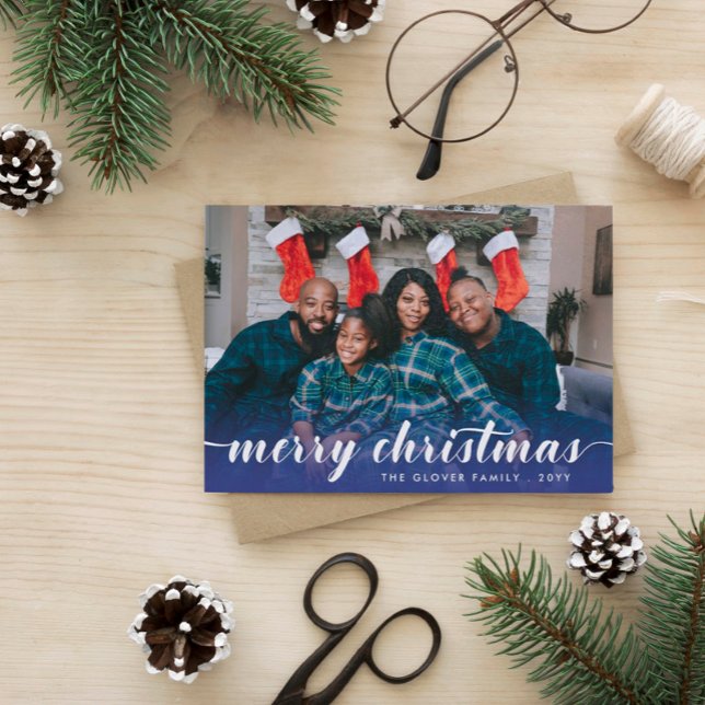 Cartes Pour Fêtes Annuelles Photo de famille Calligraphie bleue Joyeux Noël (Créateur téléchargé)