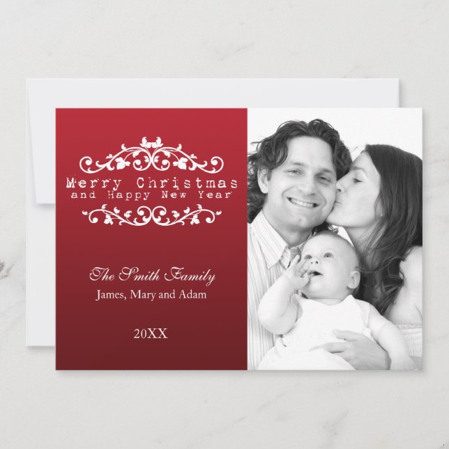 Cartes Pour Fêtes Annuelles Photo de famille Joyeux Noël Rouge ornemental (Devant)