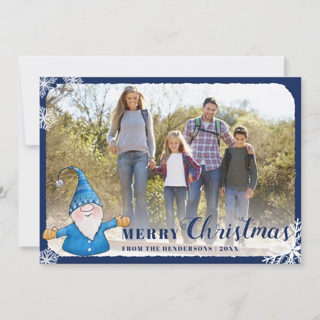 Cartes Pour Fêtes Annuelles Photo de famille personnalisée Gnome Bleu Joyeux N (Devant)