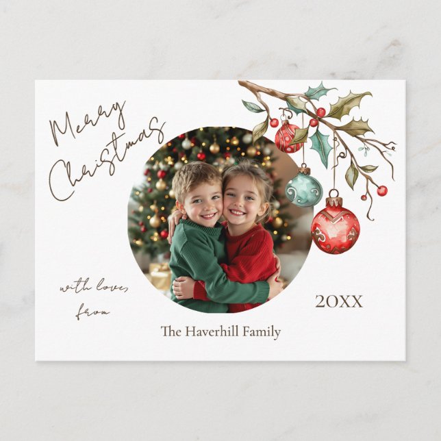 Cartes Pour Fêtes Annuelles Photo de famille Script élégant Aquarelle Noël (Devant)