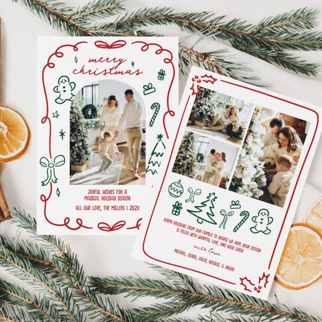 Cartes Pour Fêtes Annuelles Photo de famille tirée à la main (Whimsical Hand Drawn Family Photo Christmas Card)