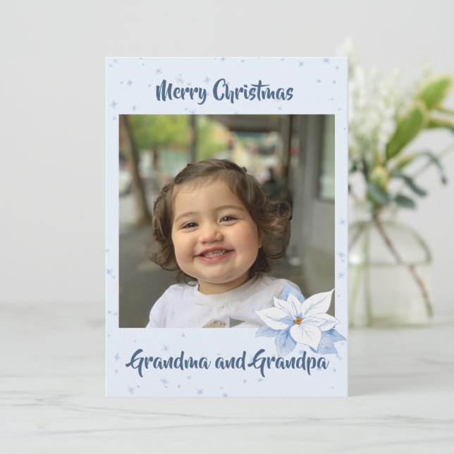Cartes Pour Fêtes Annuelles Photo de grands-parents Noël bleu floral (Debout devant)
