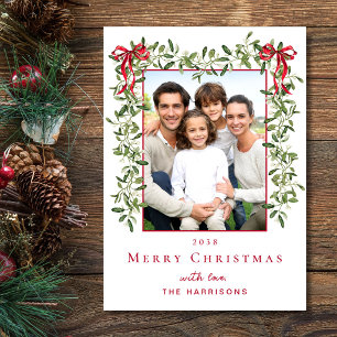 Cartes Pour Fêtes Annuelles Photo de gui de Noël à ruban rouge aquarelle