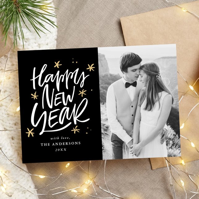 Cartes Pour Fêtes Annuelles Photo de la nouvelle année Black & Gold (Créateur téléchargé)