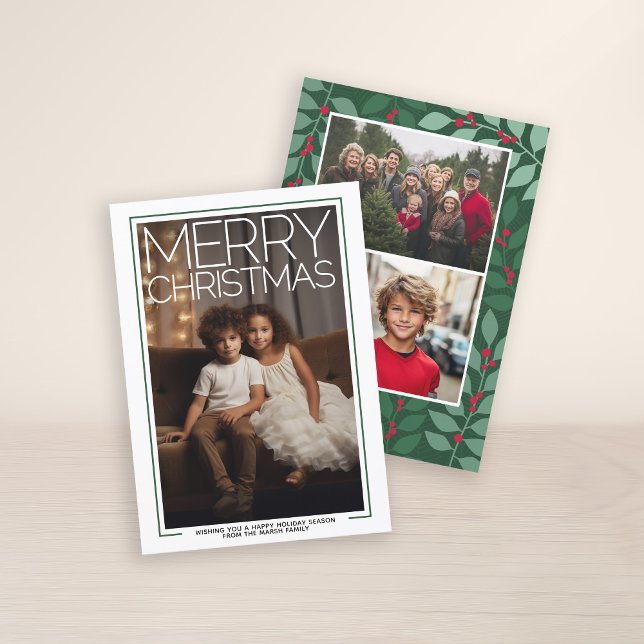 Cartes Pour Fêtes Annuelles Photo de Merry Christmas - botanical back (3 Photo Christmas Card with Huge White Type Overlay - Print and Download Option)