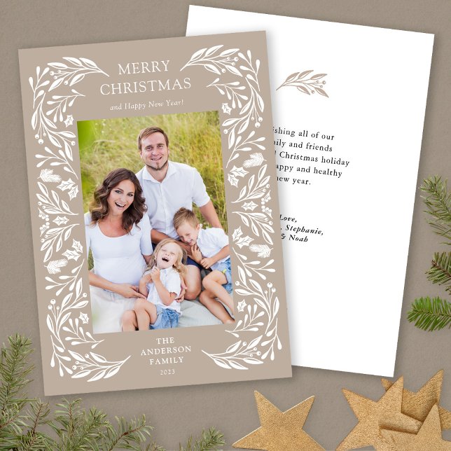 Cartes Pour Fêtes Annuelles Photo de message de Noël avec verdure blanche (Créateur téléchargé)
