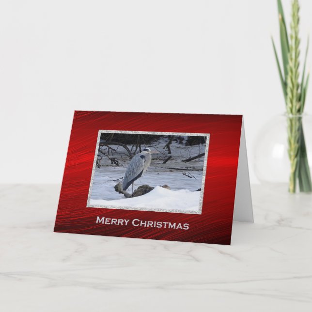 Cartes Pour Fêtes Annuelles Photo de neige du Grand Héron bleu Noël (Devant)
